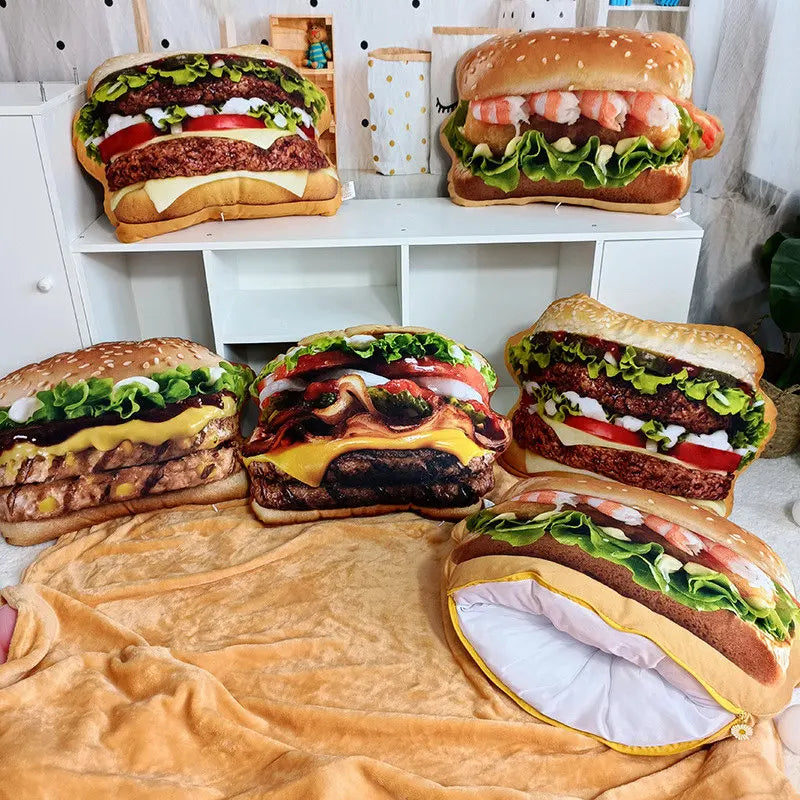 Lifelike Plush Hamburger Pillow Toy Simulation Stuffed Fast Food  Hamburger Throw Pillow with Blanket 2 In 1 Cushion