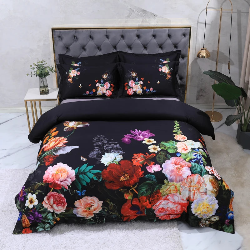 100% Egyptian Cotton US size Bedding Queen King size 4Pcs Birds and Flowers Leaf Gray Shabby Duvet Cover Bed sheet Pillow shams