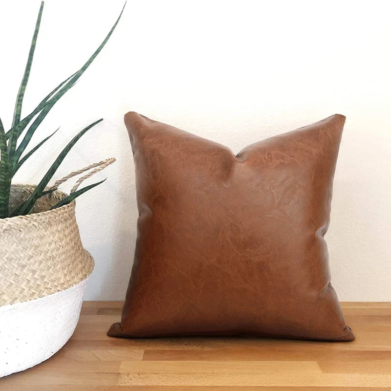 Modern Brown Imitation Leather Throw Pillow for Case with Zipper Minimalist Solid Color Decorative Square Cushion Cover for Bed