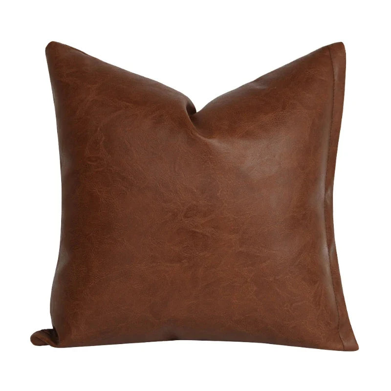 Modern Brown Imitation Leather Throw Pillow for Case with Zipper Minimalist Solid Color Decorative Square Cushion Cover for Bed