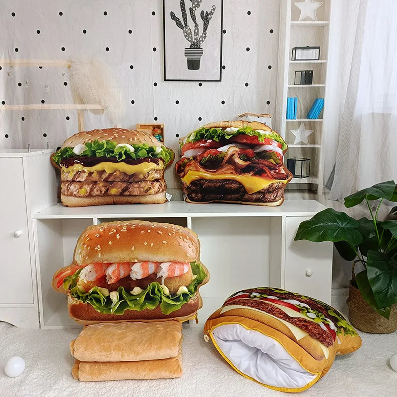 Lifelike Plush Hamburger Pillow Toy Simulation Stuffed Fast Food  Hamburger Throw Pillow with Blanket 2 In 1 Cushion