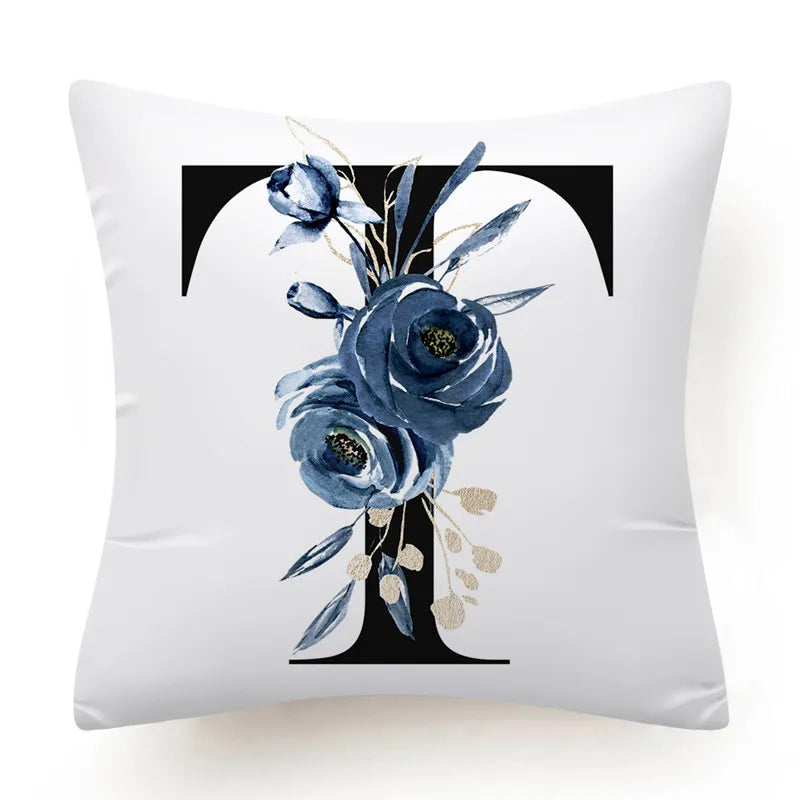 Floral Alphabet Cushion Cover 45x45 Blue Flowers Pillowcase Decorative Sofa Cushions Throw Pillows Home Decor Pillow Cases