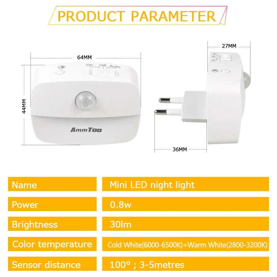 LED Night Light Motion Sensor Light 220V EU Plug In Smart Motion Sensor Light Warm and White Light Dual Color Night Lamp