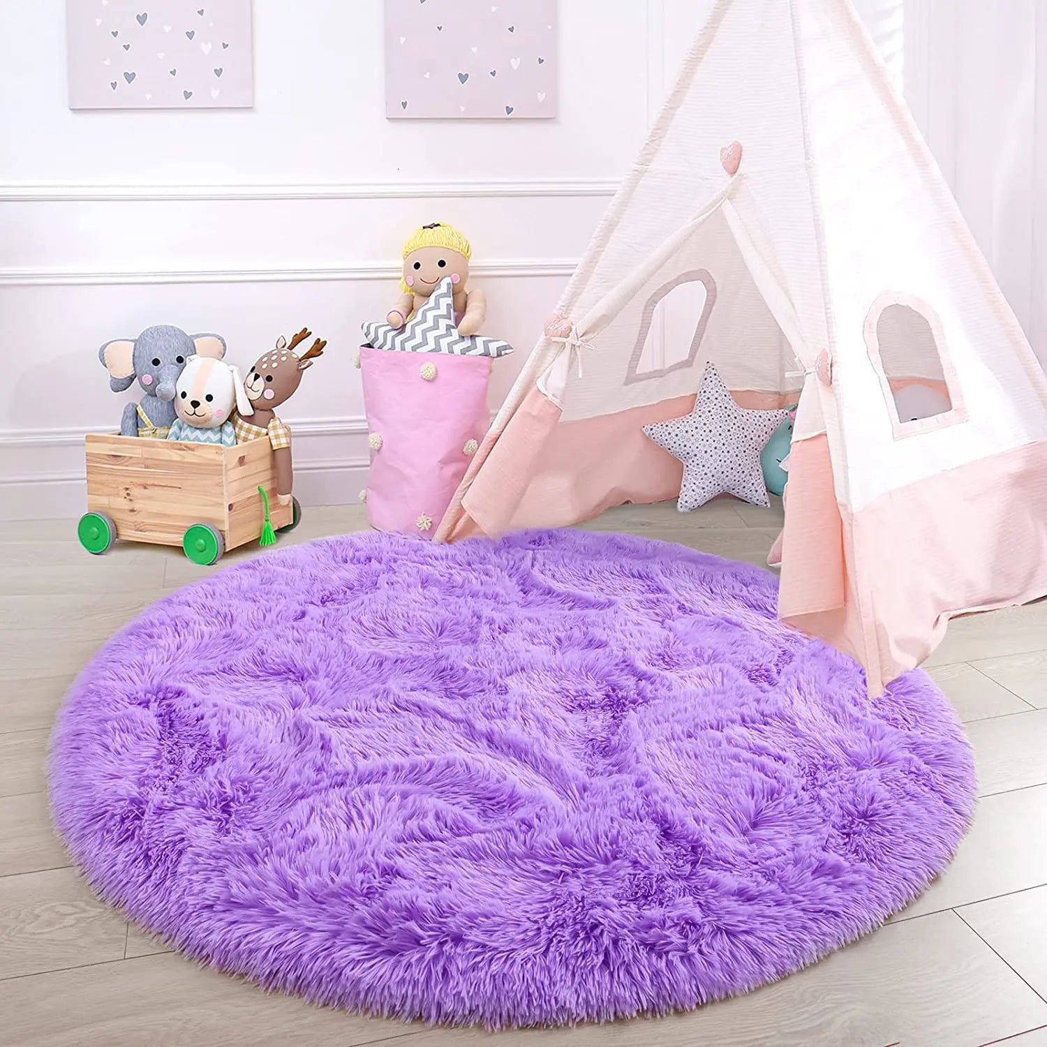 Purple Round Fluffy Carpet for Kids, Soft Area Rug for Girls Room, Princess Castle Plush Shaggy Carpet, Cute Circle Rug, Bedroom