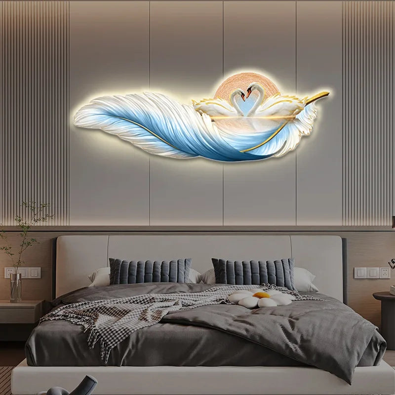 Luxury LED Wall Decoration Lamp Paintings 3D Feather Swan Interior Modern Wall Accents Room Decor Aesthetic Office Accessories