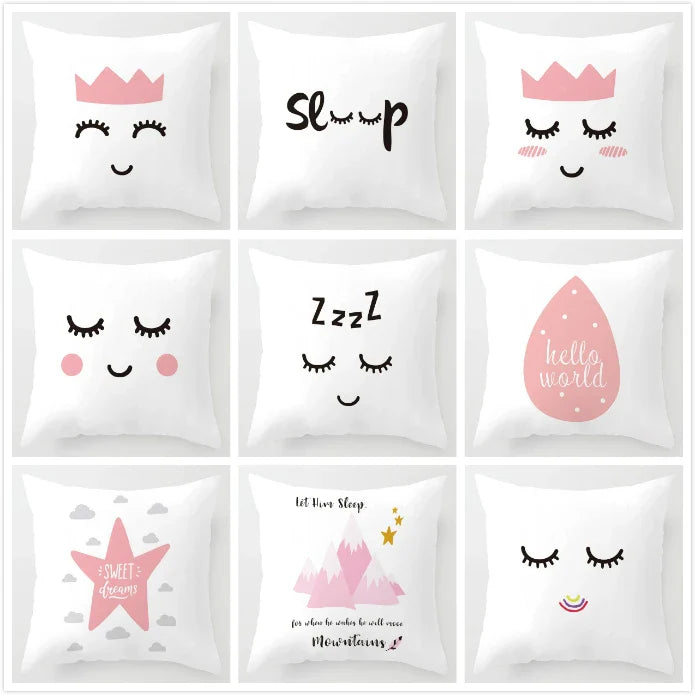 Nordic Children Cushion Cover  Pink Crown Eyelash Cartoon Smile Sleep Sweet Eyelashes Cute Pillow Case Mountain For Room Decor