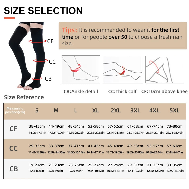 1Pair Thigh High Open Toe Medical Compression Socks Elastic Sunscreen Anti-slip Sleep Care Varicose Veins Heal Quickly 34-46mmHg