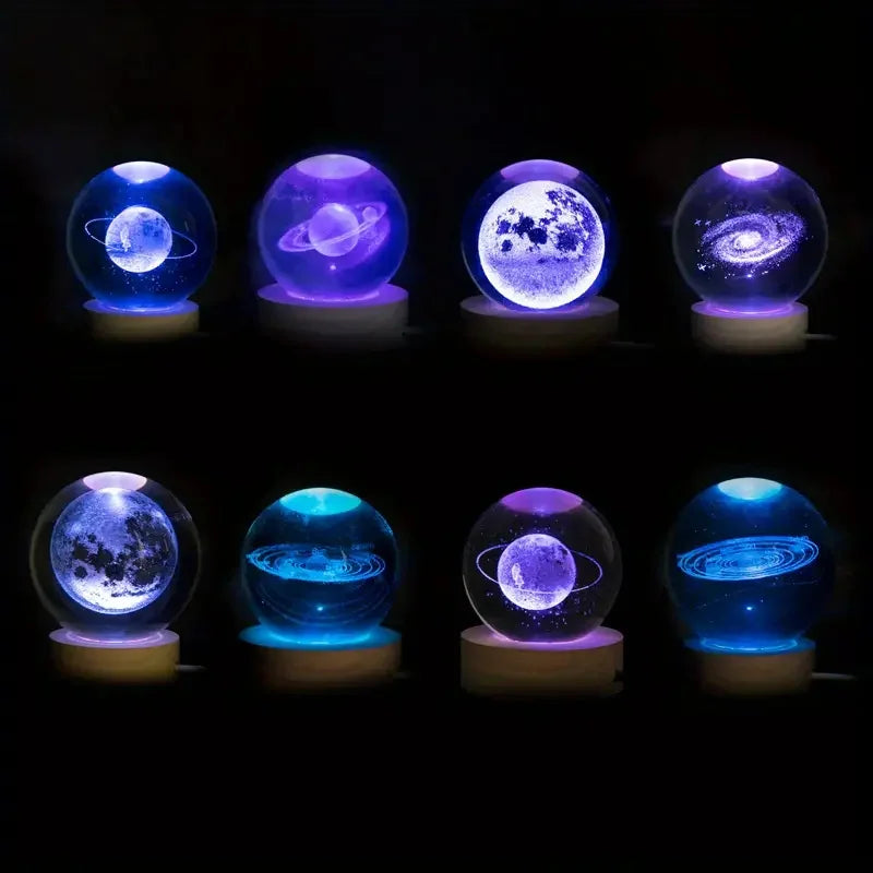 6cm 3D Crystal Ball Colorful Light Warm Light Planet Night Light Laser Carving Solar System Earth Galaxy Cartoon Pattern Gift