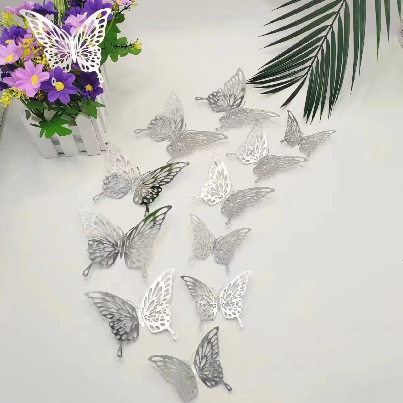 12Pcs/set 3D Hollow Butterflies Stickers Metal  Silver Hollow Butterfly for Party Balloons Home Decor Wall Decor