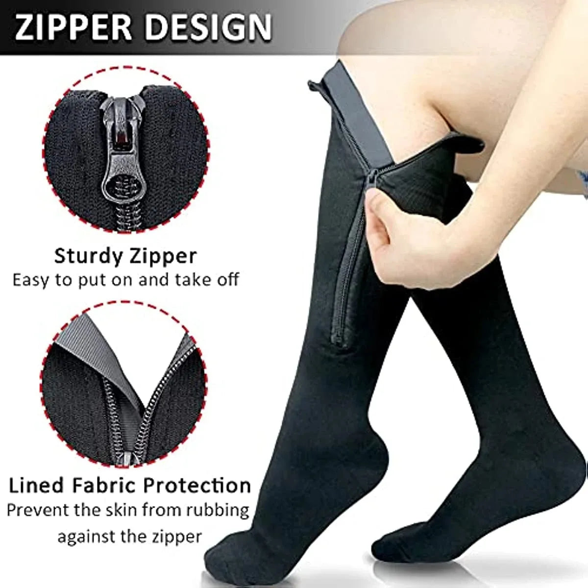 1 Pair Medical Zipper Compression Socks Women Men High Elasticity Nylon Closed Toe Pressure Stocking for Edema Varicose Veins