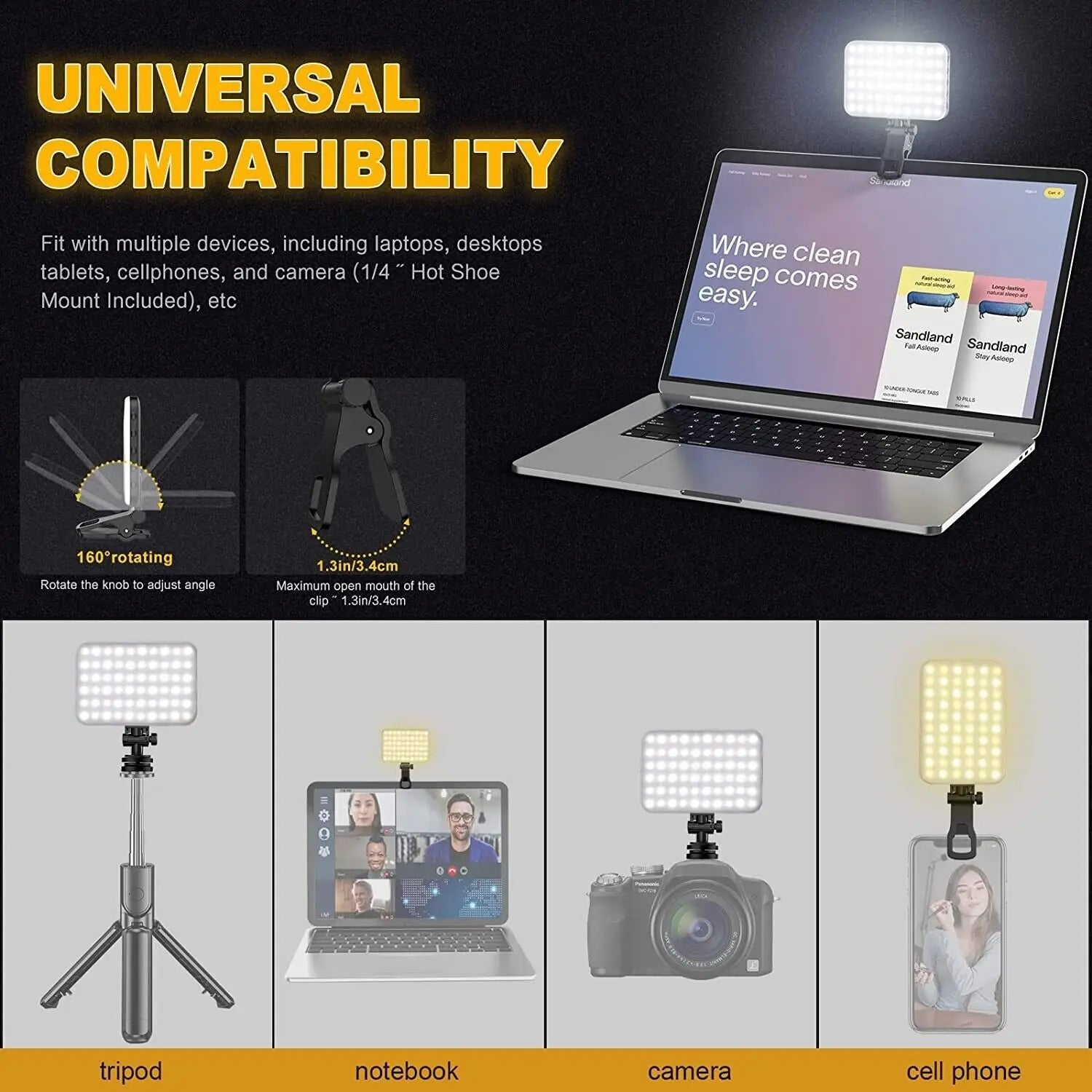 Led Fill Light Pocket Selfie Lamp for IPad Mobile Phone Laptop Fill Video Light with Front & Back Clip Adjusted 3 Light Modes