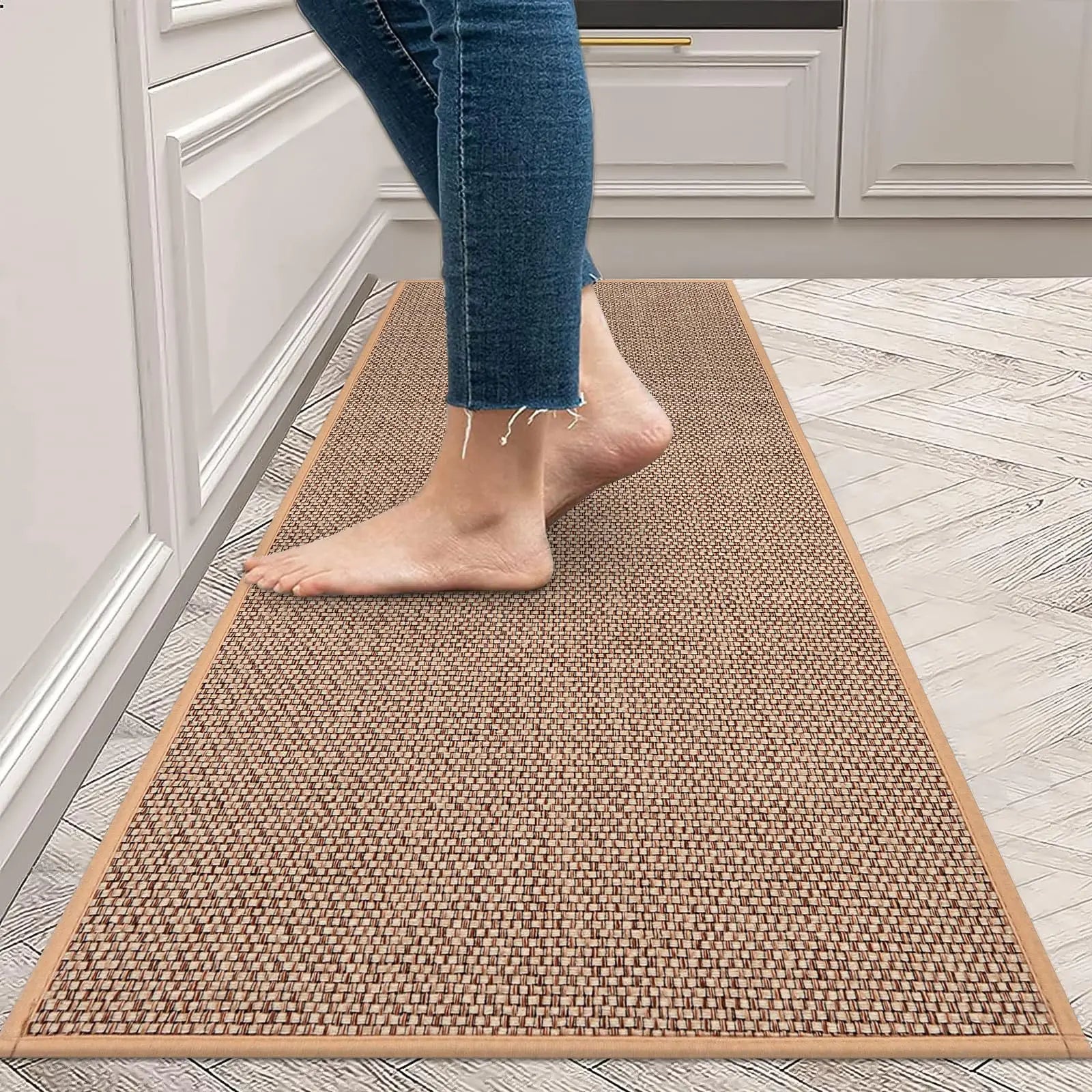 Linen Weave Kitchen Floor Mat Anti-slip Washed Rug Rubber Bottom Natural Twill Flax Entry Door Long Carpet Oil-resistant Durable