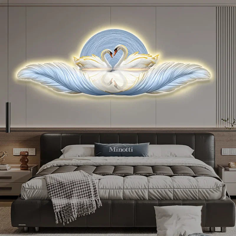 Luxury LED Wall Decoration Lamp Paintings 3D Feather Swan Interior Modern Wall Accents Room Decor Aesthetic Office Accessories