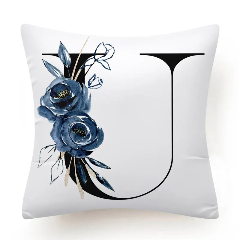 Floral Alphabet Cushion Cover 45x45 Blue Flowers Pillowcase Decorative Sofa Cushions Throw Pillows Home Decor Pillow Cases