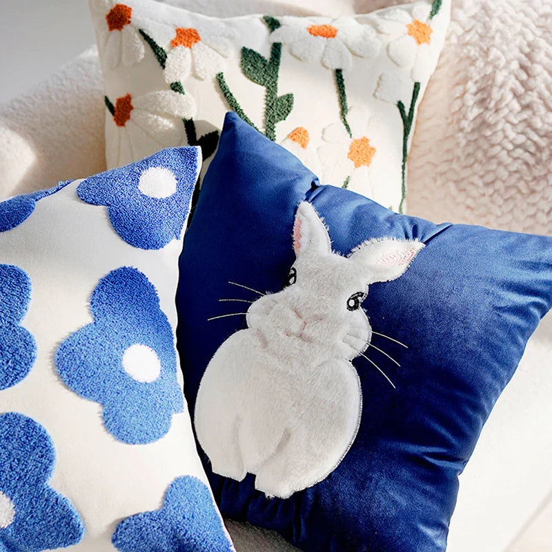 Cartoon Blue Rabbit Embroidered Pastoral Floral Cushion Cover Pillow Cover for Sofa Bedroom