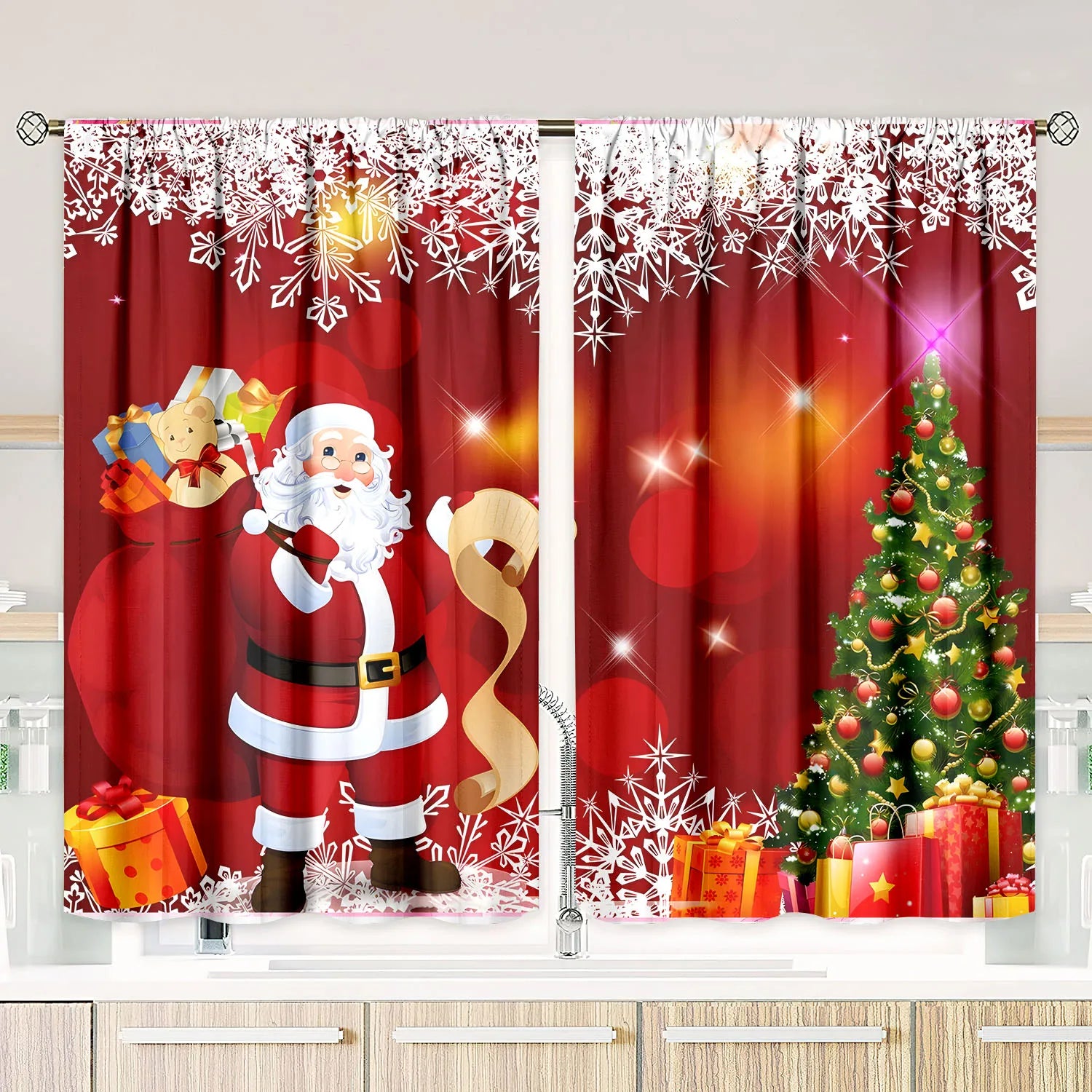 2 pieces of Santa Claus Christmas Tree printing curtain - polyester material - suitable for bedroom living room study room priva