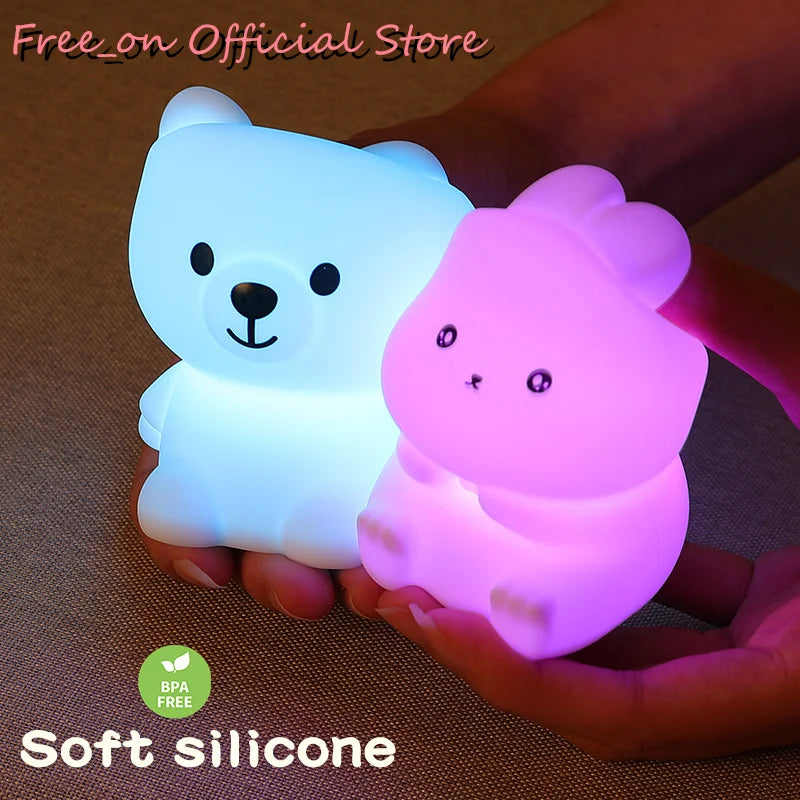 Mini Bear Night Lamp Soft Silicone Light Cute Bunny Night Light Battery Colorful Gift Kids Christmas Bedroom Nightlight Battery