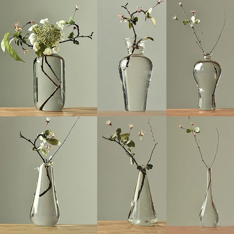 Japan Style Transparent Glass Vase Zen Flower Arrangement Dry Flower Small Mouth Flower Vase for Wedding Home Room Decoration