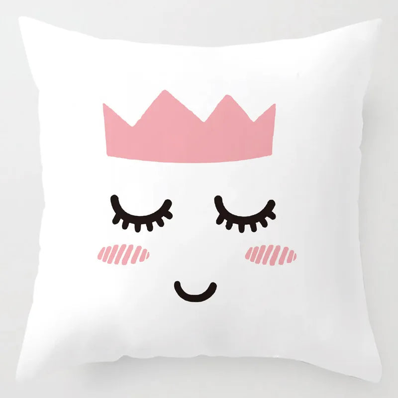 Nordic Children Cushion Cover  Pink Crown Eyelash Cartoon Smile Sleep Sweet Eyelashes Cute Pillow Case Mountain For Room Decor