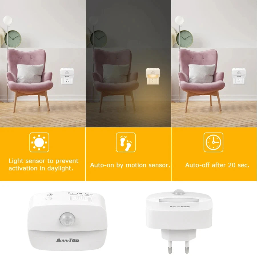 LED Night Light Motion Sensor Light 220V EU Plug In Smart Motion Sensor Light Warm and White Light Dual Color Night Lamp