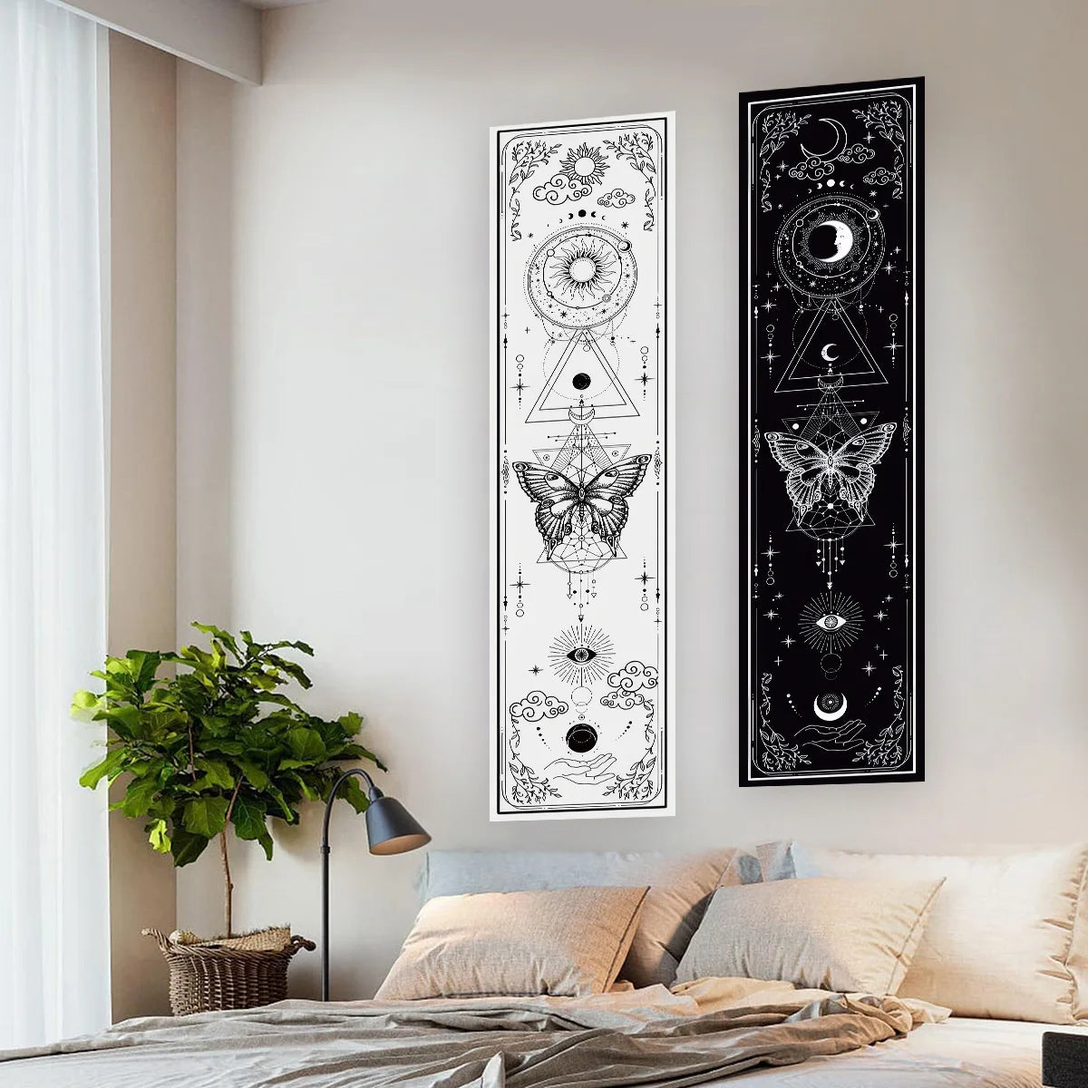 Gothic Witchy Sun & Moon Vertical Tapestry Black And White Butterfly Wall Hanging For Living Room, Bedroom Aesthetic Home Decor