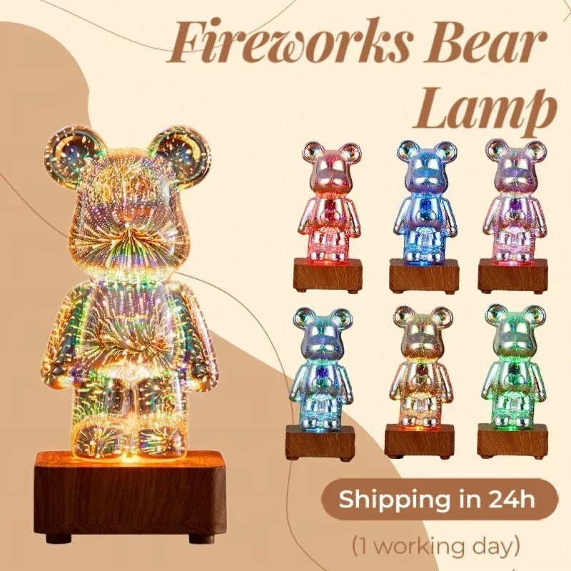 LED 3D Bear Firework Night Light USB Projector Lamp Color Changeable Ambient Lamp Suitable for Children Room Bedroom Decoration