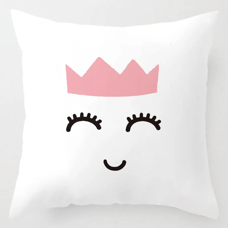 Nordic Children Cushion Cover  Pink Crown Eyelash Cartoon Smile Sleep Sweet Eyelashes Cute Pillow Case Mountain For Room Decor