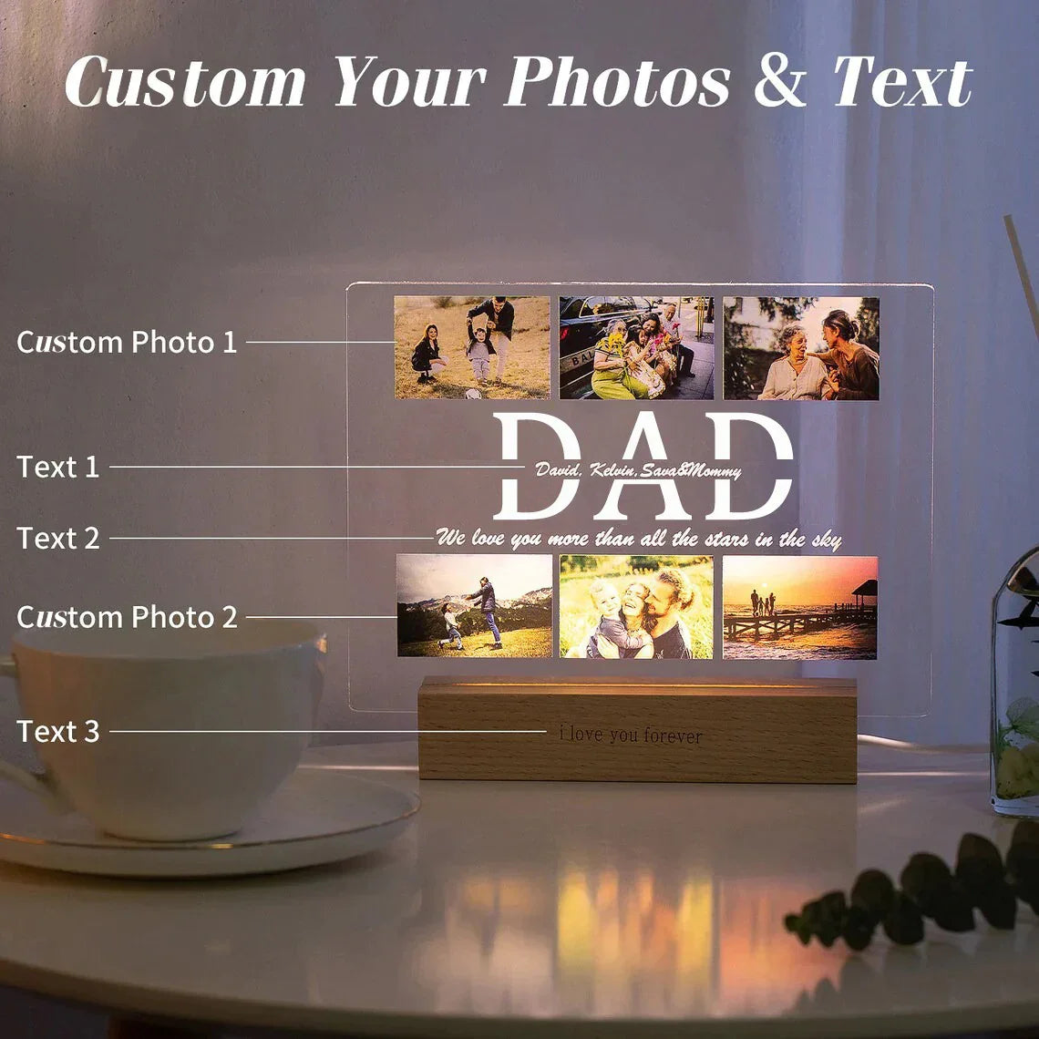 Personalized Custom Photo Text 3D Acrylic Lamp Customized Bedroom NightLight for MOM DAD LOVE Family Birthday Christmas Day Gift