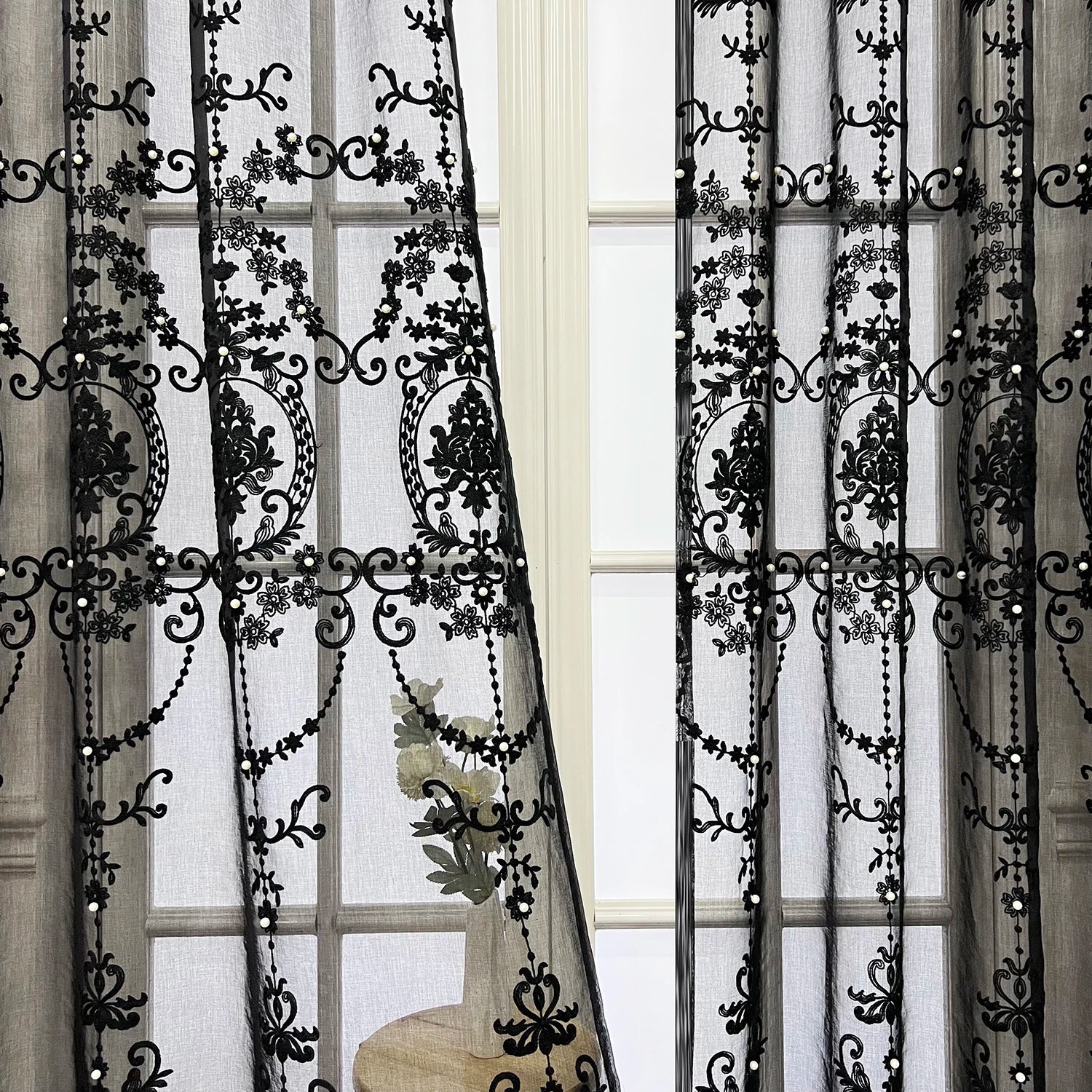 European Luxury Lace Pearl Embroidery Black Sheer Curtain for Living Room Fashion Nordic Geometric Window Screen Cortains