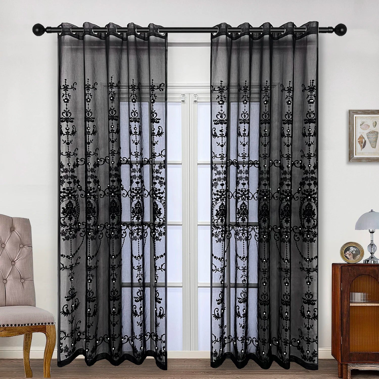 European Luxury Lace Pearl Embroidery Black Sheer Curtain for Living Room Fashion Nordic Geometric Window Screen Cortains