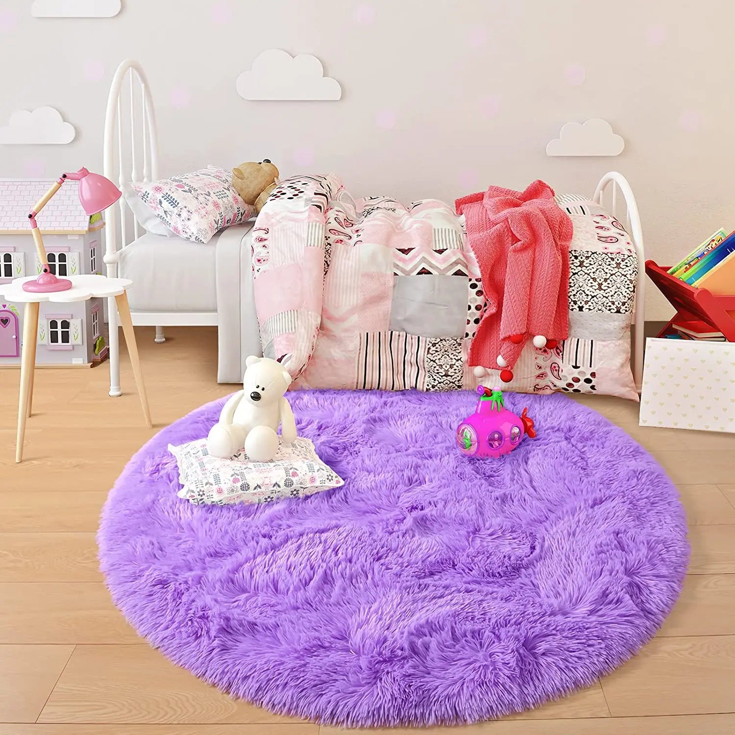 Purple Round Fluffy Carpet for Kids, Soft Area Rug for Girls Room, Princess Castle Plush Shaggy Carpet, Cute Circle Rug, Bedroom