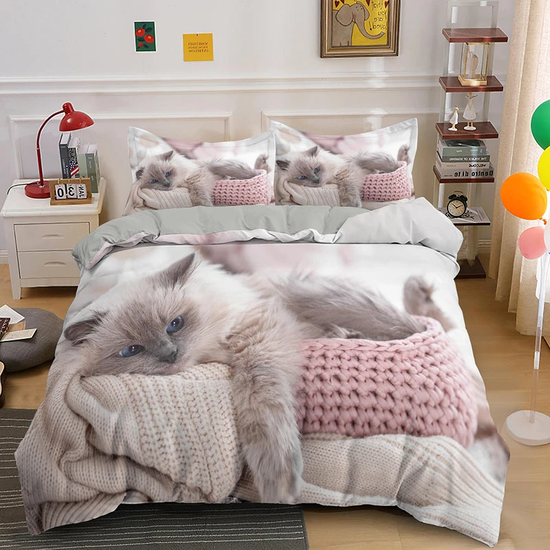 3D Cat Bedding Set Luxury Animal Duvet Cover with Pillowcase Queen King Single Double Size for Girls Boy Polyester Quilt Cover