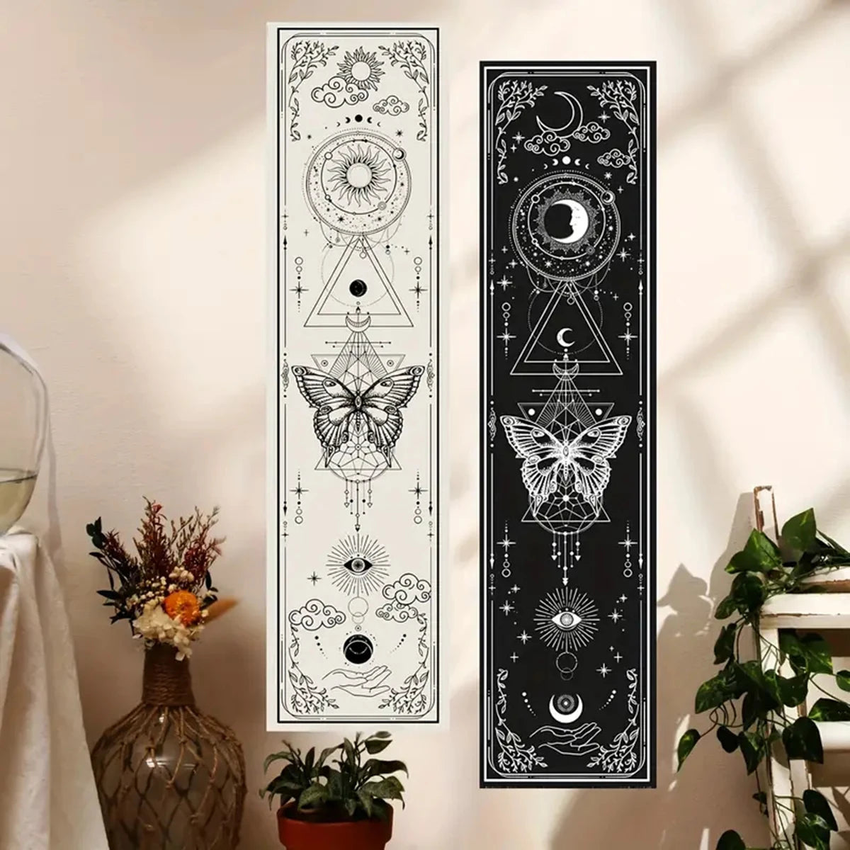 Gothic Witchy Sun & Moon Vertical Tapestry Black And White Butterfly Wall Hanging For Living Room, Bedroom Aesthetic Home Decor