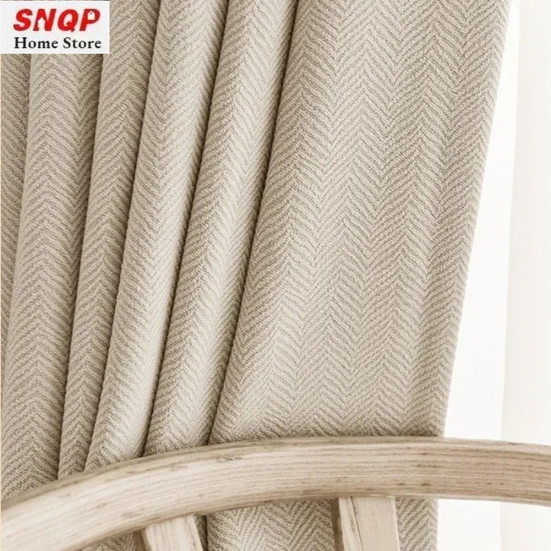 Thick Chenille Beige Cream Luxury Curtains for Living Room Bedroom Dining Blackout Herringbone Texture Window Custom Fashion