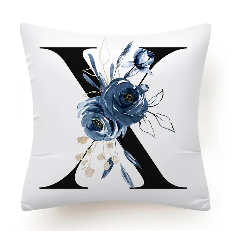 Floral Alphabet Cushion Cover 45x45 Blue Flowers Pillowcase Decorative Sofa Cushions Throw Pillows Home Decor Pillow Cases