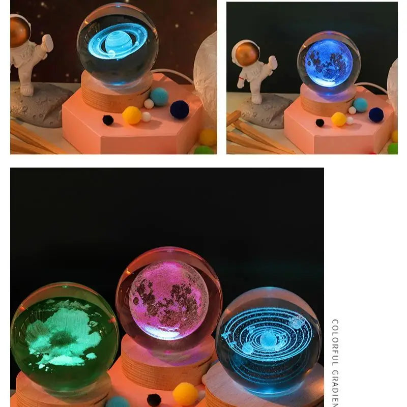 6cm 3D Crystal Ball Colorful Light Warm Light Planet Night Light Laser Carving Solar System Earth Galaxy Cartoon Pattern Gift