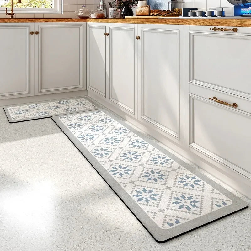 Kitchen Pvc Carpet Leather Waterproof Non-slip Floor Mat Oil-proof Blue White Plaid Home Decoration Rug Vinyl Carpets Flower