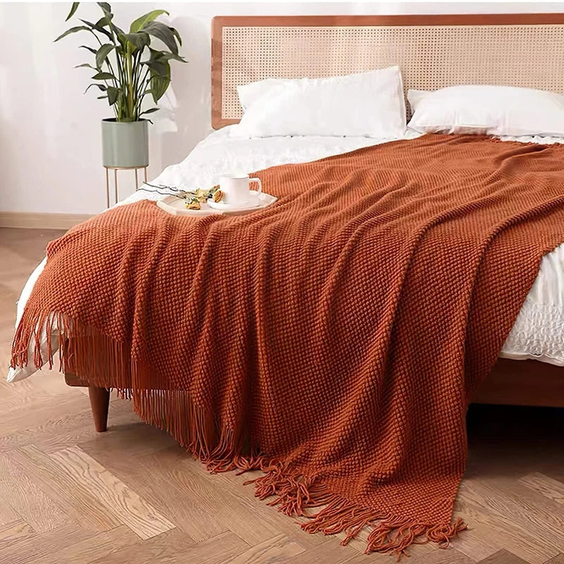 Inyahome Nordic Oversized Knitted Blanket Beige Throw Blanket Textured Solid Soft Sofa Cover Decorative Knit Soft Warm Blanket