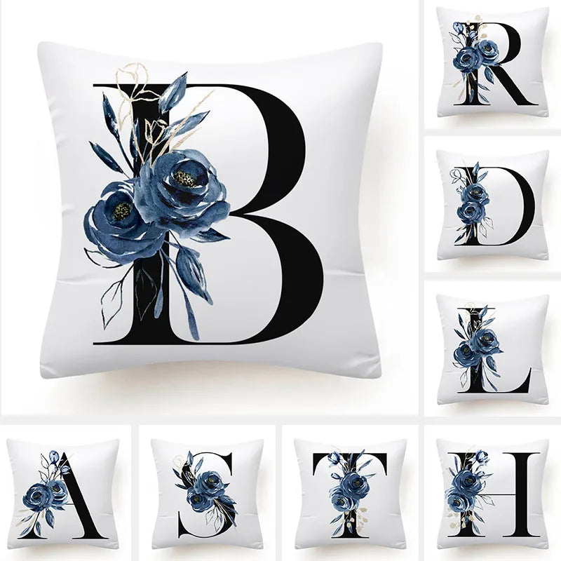 Floral Alphabet Cushion Cover 45x45 Blue Flowers Pillowcase Decorative Sofa Cushions Throw Pillows Home Decor Pillow Cases