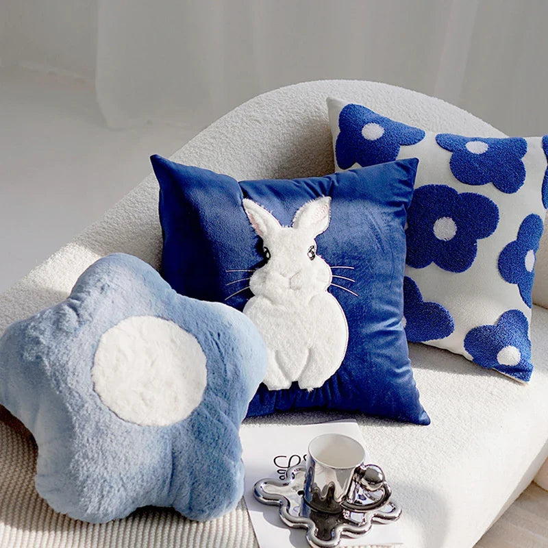 Cartoon Blue Rabbit Embroidered Pastoral Floral Cushion Cover Pillow Cover for Sofa Bedroom