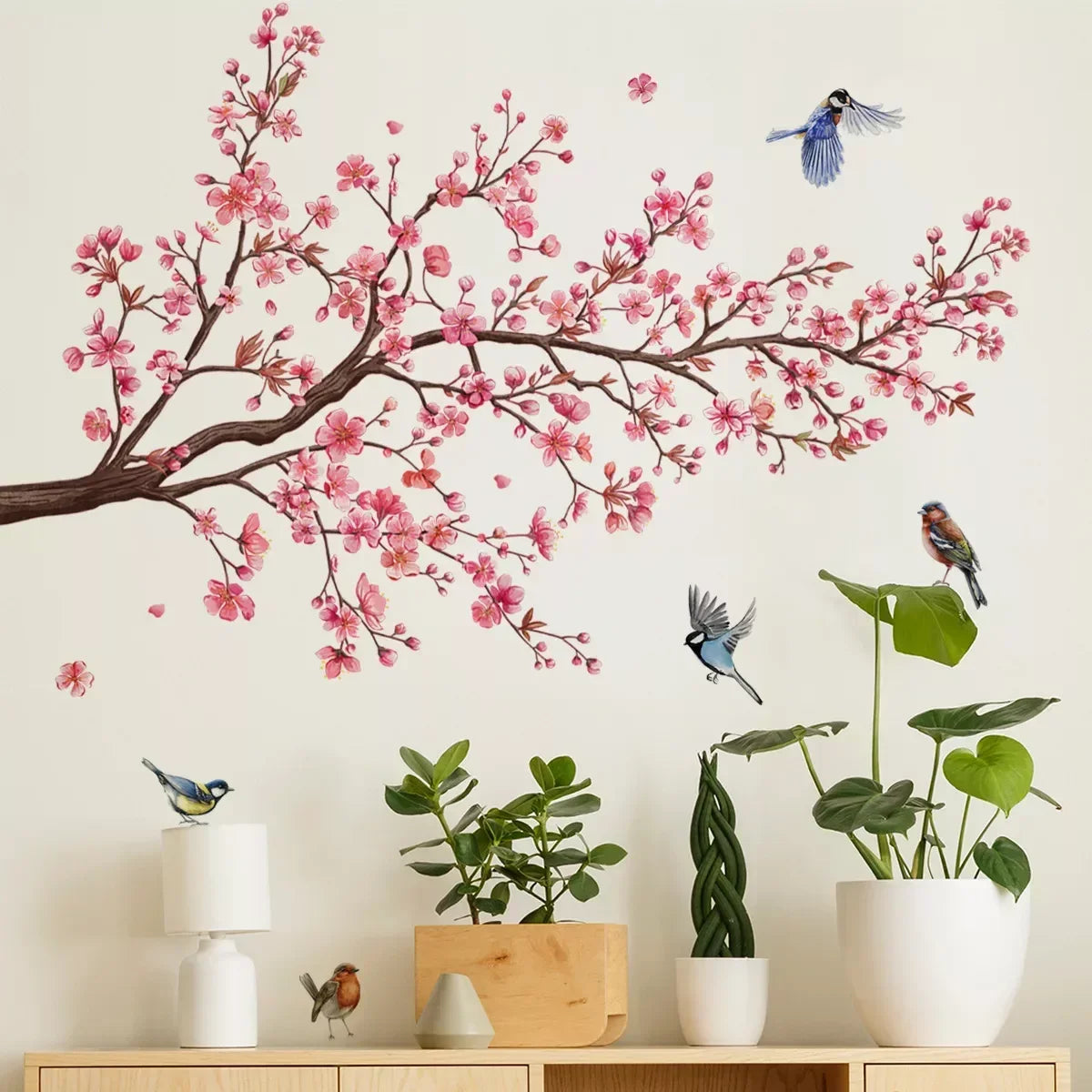 Wall Stickers Pink Plum Tree Birds Home Room Decoration Poster Bedroom Adhesive Wallpaper Wall Furniture House Interior Decor