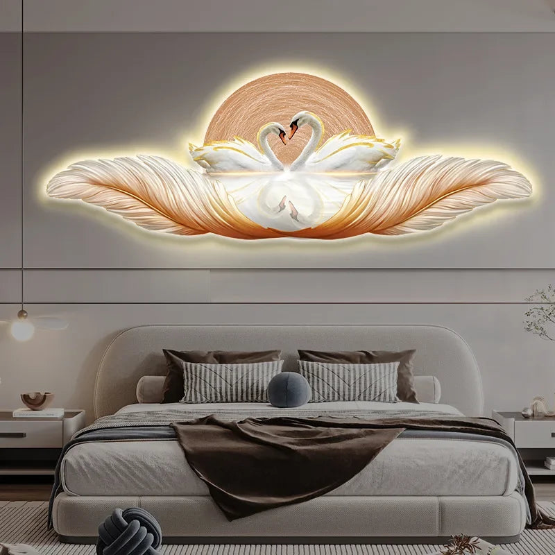 Luxury LED Wall Decoration Lamp Paintings 3D Feather Swan Interior Modern Wall Accents Room Decor Aesthetic Office Accessories