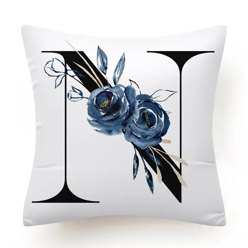 Floral Alphabet Cushion Cover 45x45 Blue Flowers Pillowcase Decorative Sofa Cushions Throw Pillows Home Decor Pillow Cases