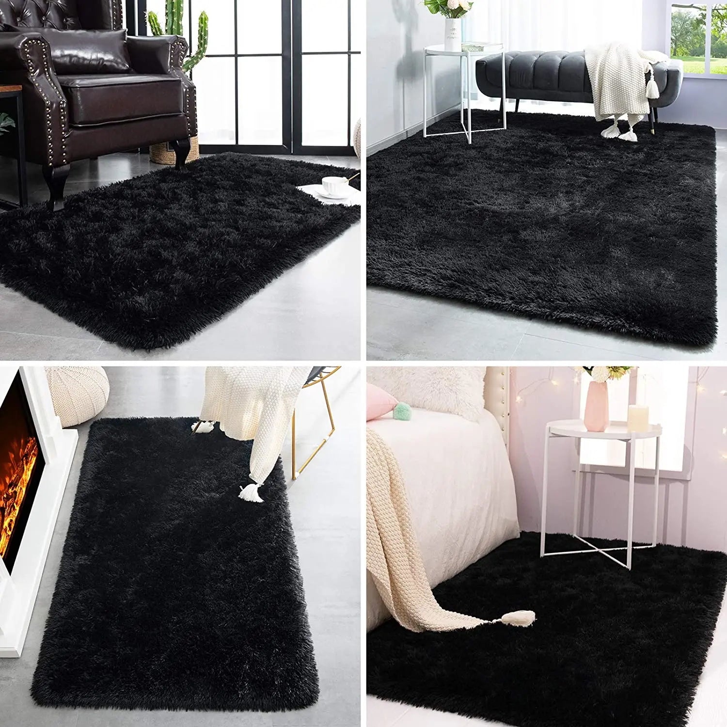 Shag Area Rug for Living Room Black Plush Carpets Indoor Bedroom Rugs Non Skid Soft Fluffy Rug for Nursery Kids Boys Girls Room