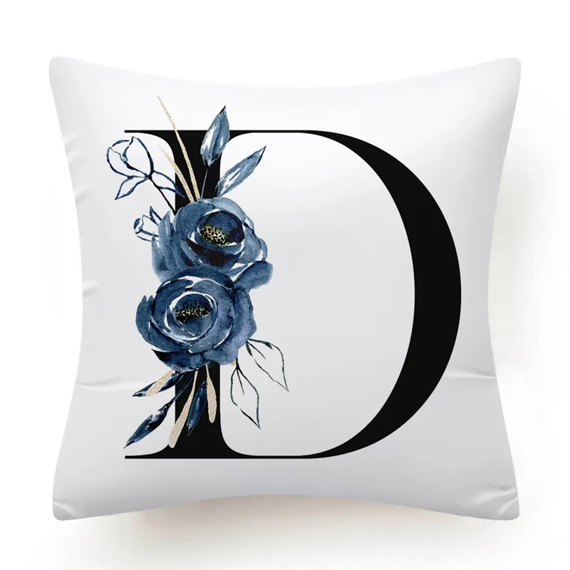 Floral Alphabet Cushion Cover 45x45 Blue Flowers Pillowcase Decorative Sofa Cushions Throw Pillows Home Decor Pillow Cases