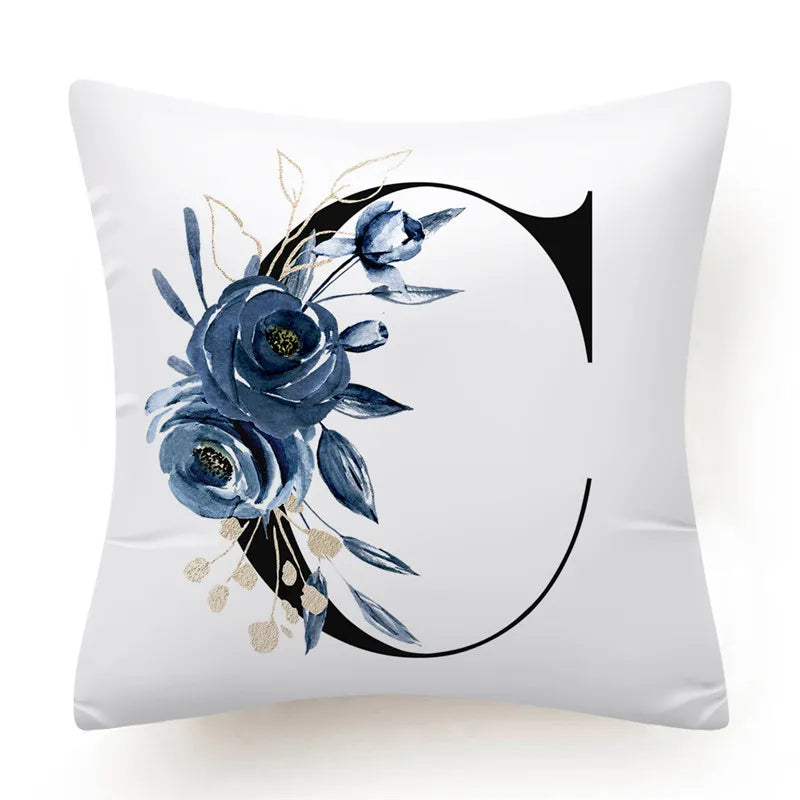 Floral Alphabet Cushion Cover 45x45 Blue Flowers Pillowcase Decorative Sofa Cushions Throw Pillows Home Decor Pillow Cases