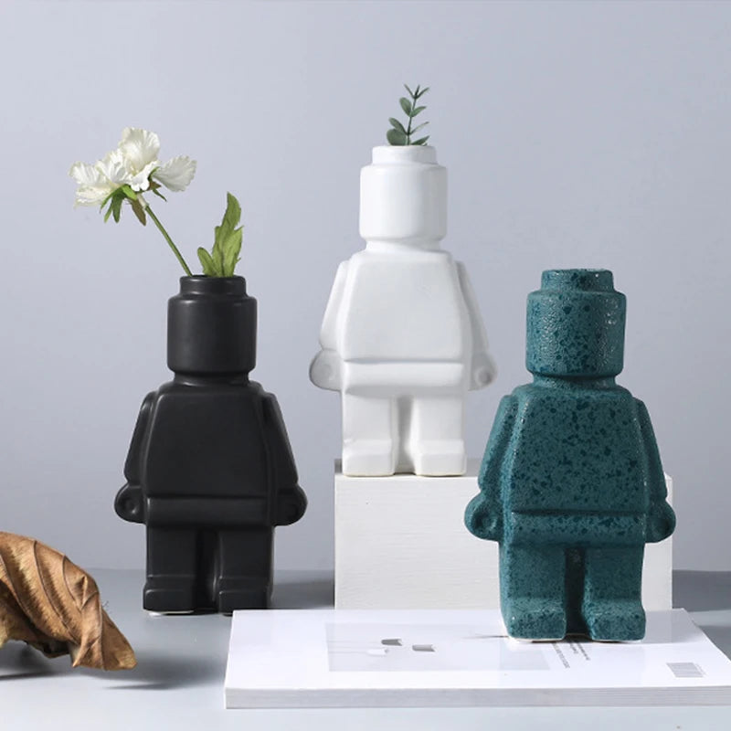 Minifigure Building Blocks Ceramic Robot Flower Vase Home Decoration Modern Home Interior Office Desk Decoration Pendants