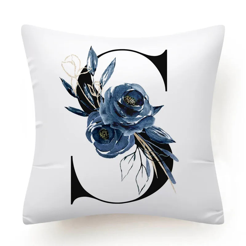 Floral Alphabet Cushion Cover 45x45 Blue Flowers Pillowcase Decorative Sofa Cushions Throw Pillows Home Decor Pillow Cases