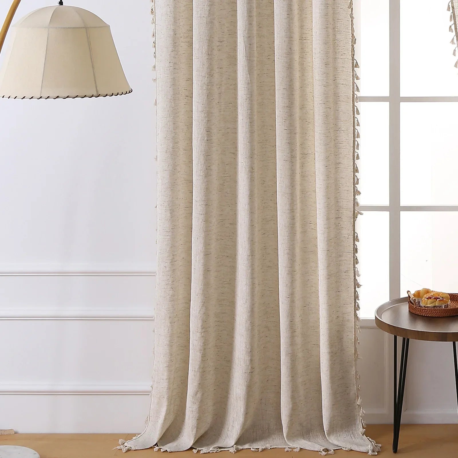 American vintage farmhouse curtain Bohemian imitation linen hollow crochet pure hand sewn semi-transparent fringe curtain 1PC