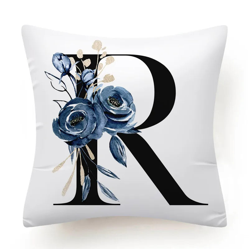 Floral Alphabet Cushion Cover 45x45 Blue Flowers Pillowcase Decorative Sofa Cushions Throw Pillows Home Decor Pillow Cases